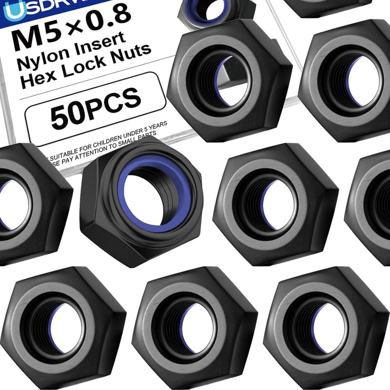 Usdrwam 50 Pack M5 Lock Nuts, 304 Stainless Steel Black PVD Hex Nylock Nuts for Machinery and Construction Equipment - Image 1